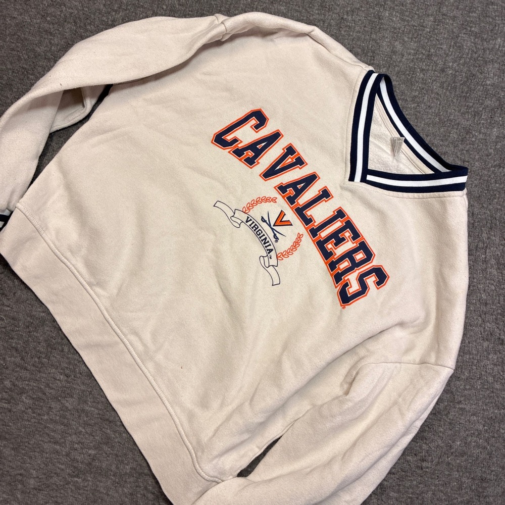 Liv Casual Virginia Cavaliers Sweatshirt Women Small Cream V-Neck Striped Trim